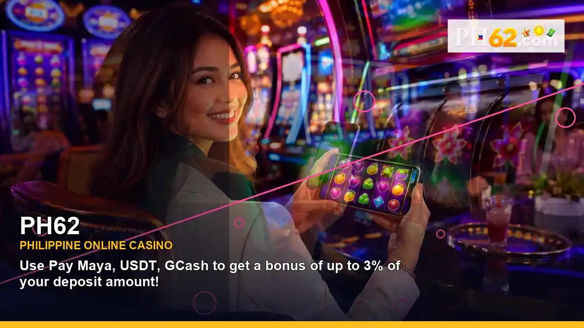 PH62 party online slot games featuring an adult Filipina casino host with a left-diagonal composition