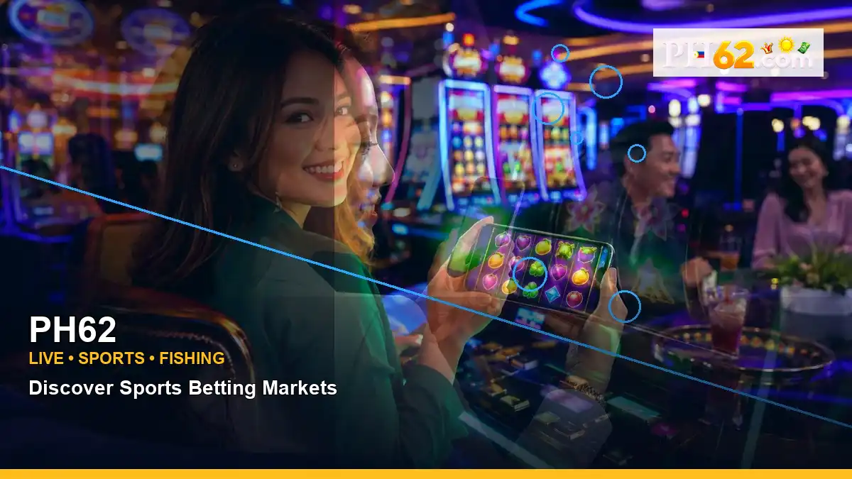 PH62 mobile casino app featuring an adult Filipina casino host with a left-diagonal composition