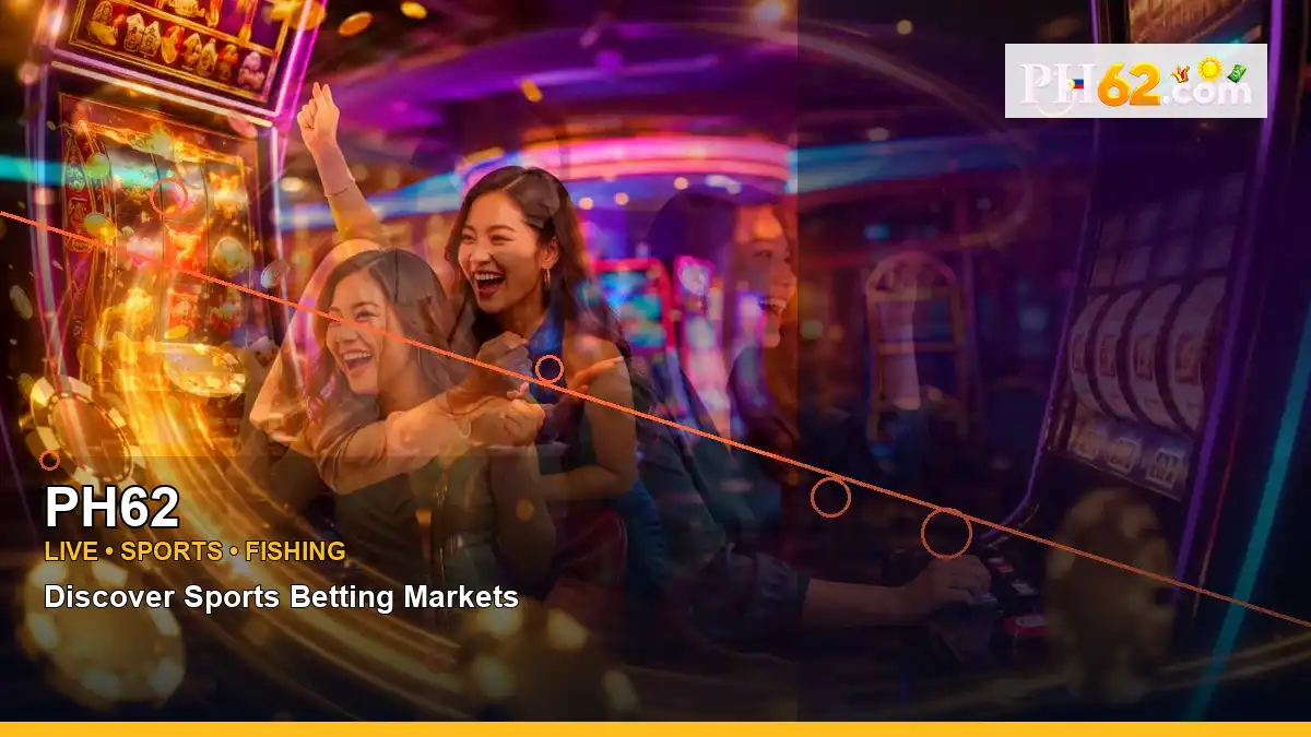 PH62 reels casino bonus games featuring an adult Filipina casino host with a right-diagonal composition