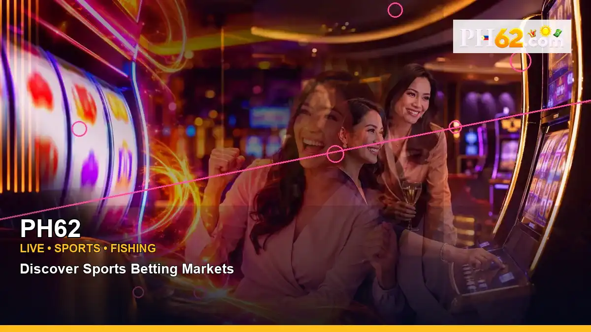 PH62 party online slot games featuring an adult Filipina casino host with a panoramic reel composition