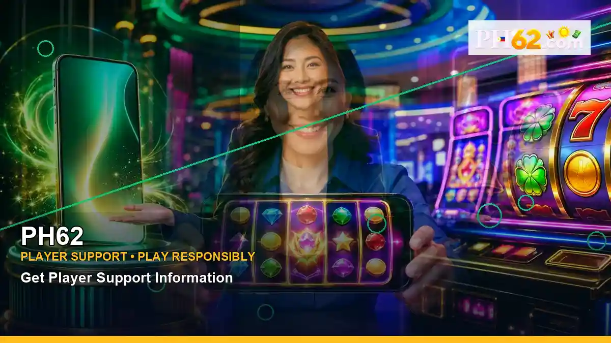 PH62 first casino deposit and wallet options featuring an adult Filipina casino host with a right close-up composition
